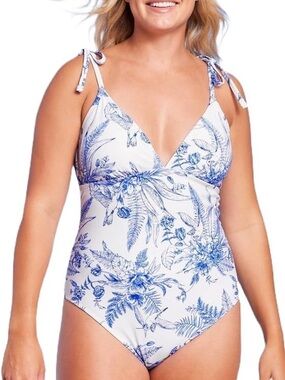 Kona Sol One-Piece Swim Suit with White & Blue Floral Print - XL - Excellent